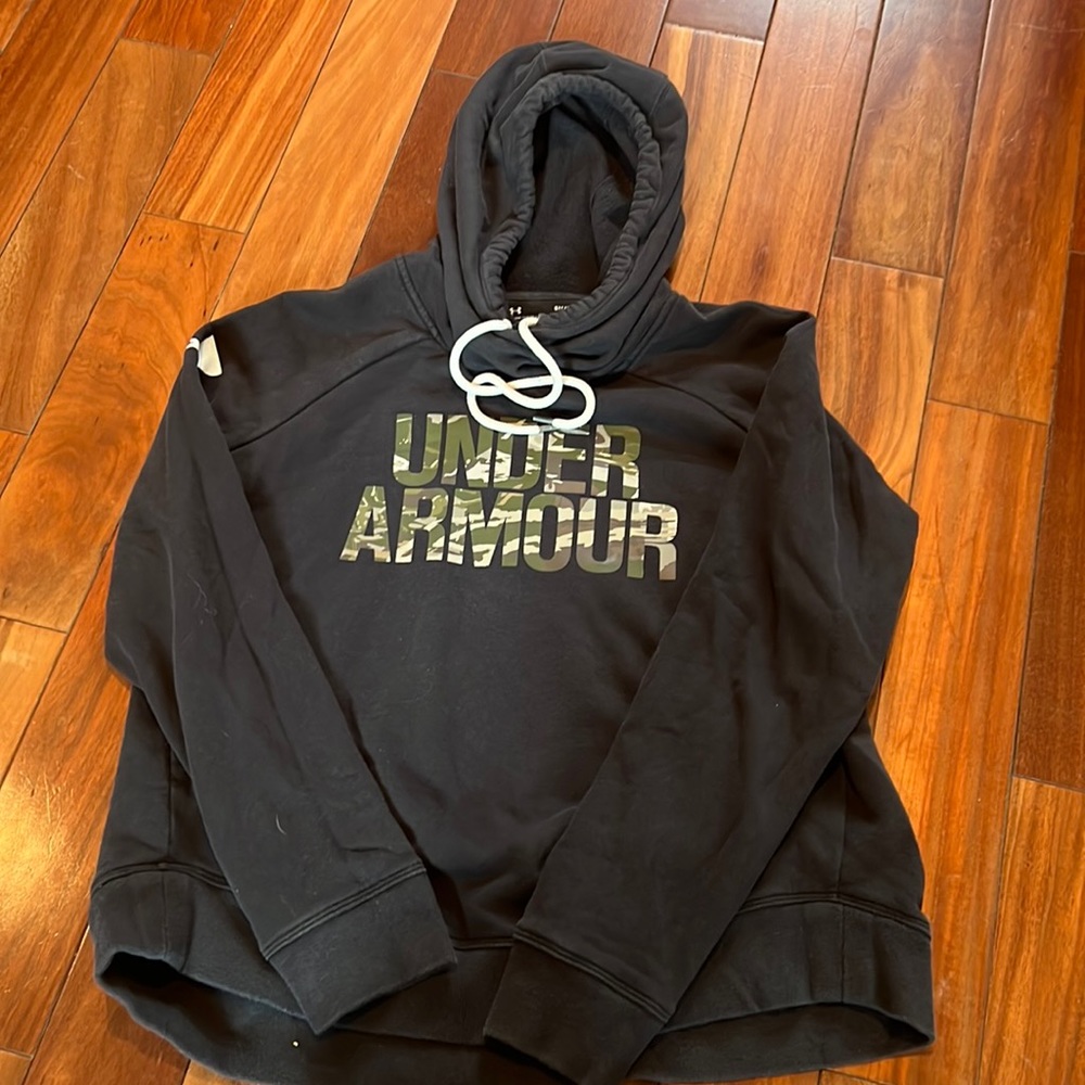 Black under armor hoodie with camouflage design, women’s size small